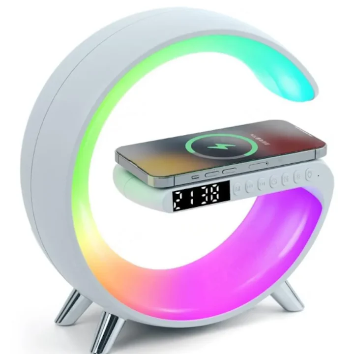 Lampa multifunctionala cu incarcare wireless, ceas, alarma si boxa bluetooth Alb