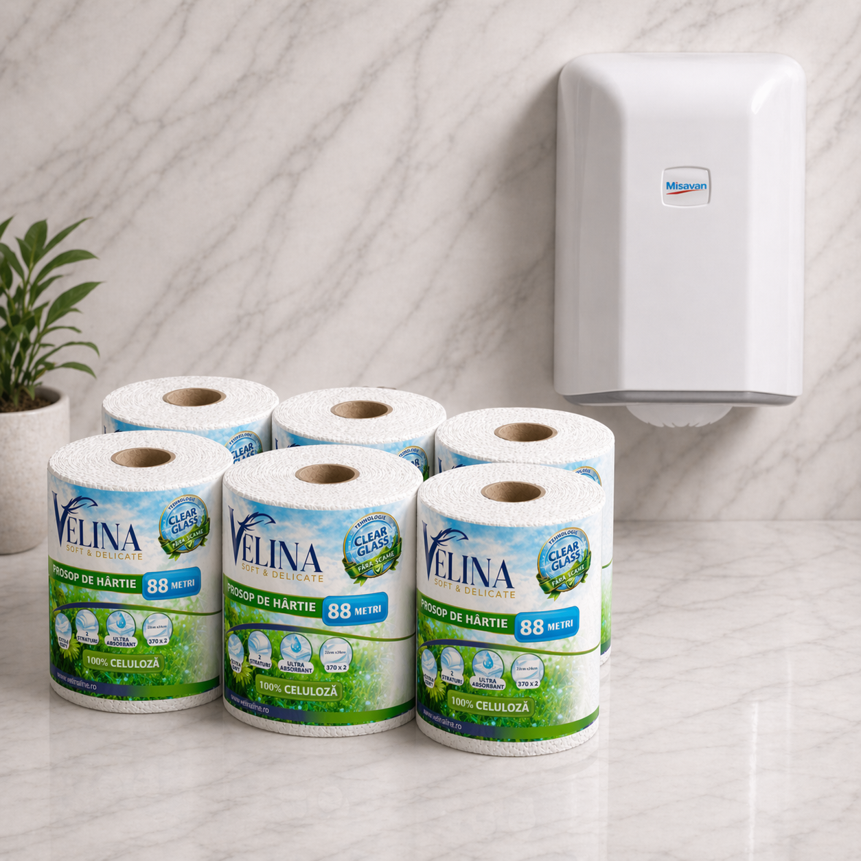 Bax 6 Role Prosop Bucatarie Velina 88m si Dispenser Misavan