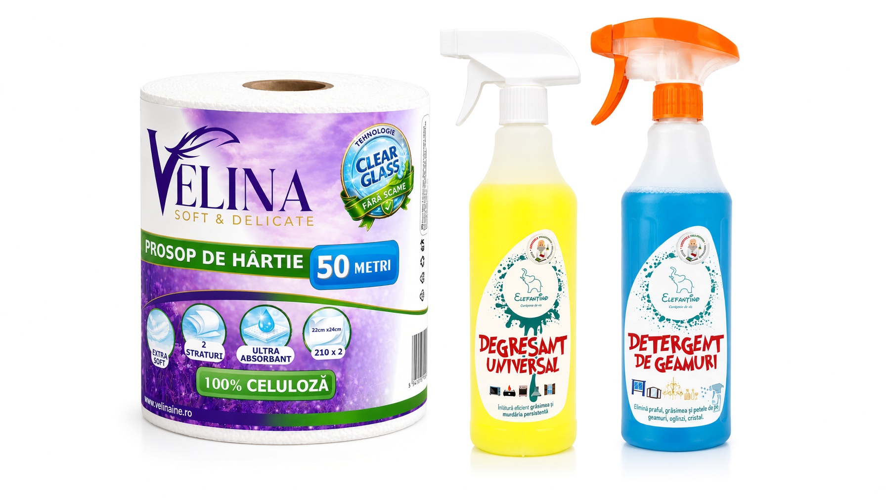 Pachet Promo Rola Prosop 50m Velina Degresant Detergent Geamuri Elefantino 750ml